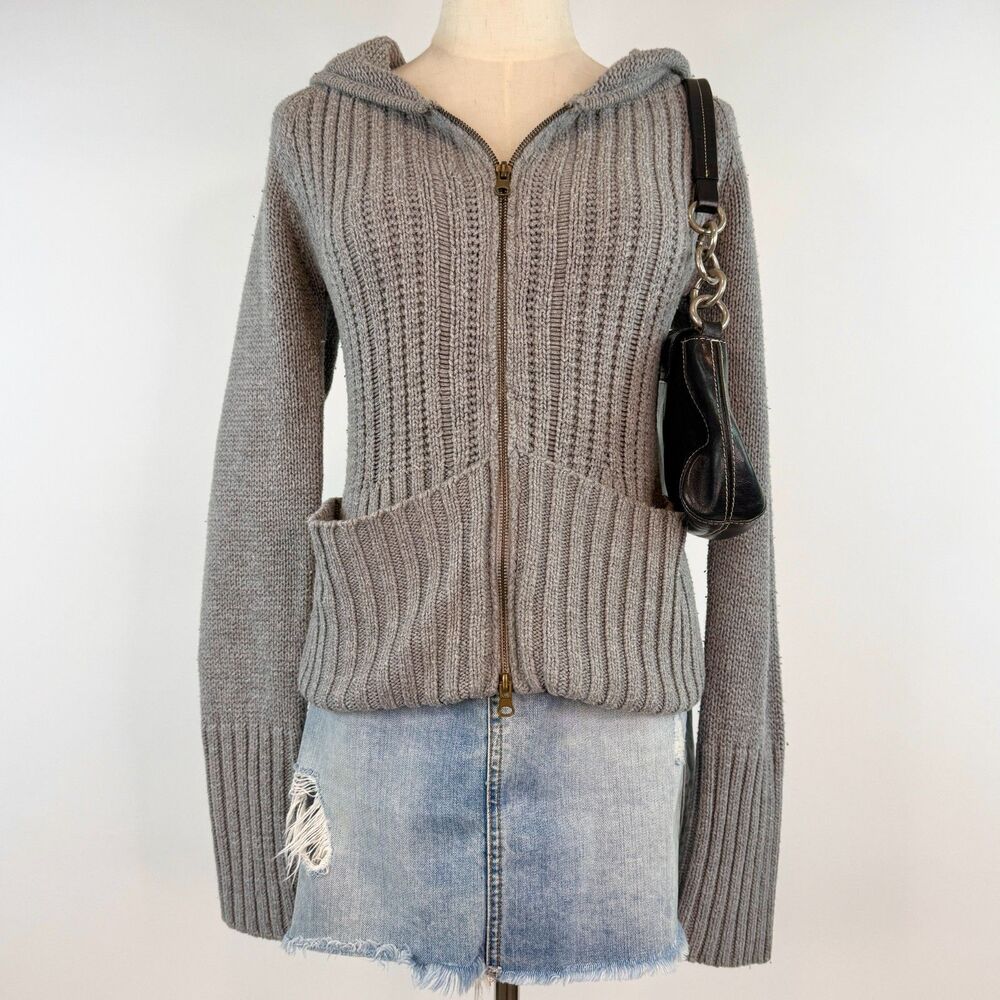 2000's Gray Ribbed Knit Zip Up Sweater Oversized Pockets Hooded Preppy Size M